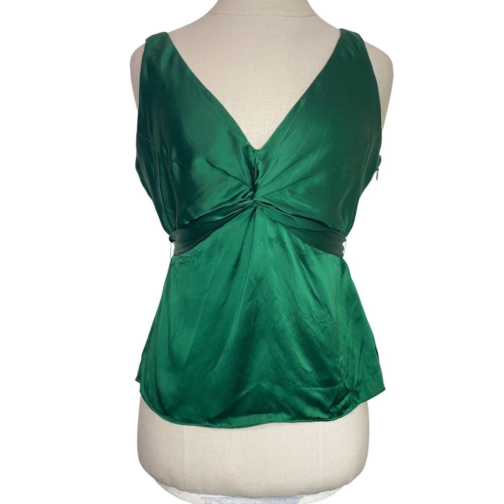 Vintage Y2K Salt & Pepper Emerald Green 100% Silk Babydoll V Neck Blouse Sz M